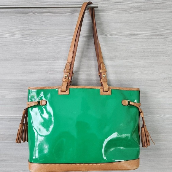 Dooney & Bourke Double Strap Shoulder Tassel Bag Green Patent Leather Purse - Picture 4 of 16